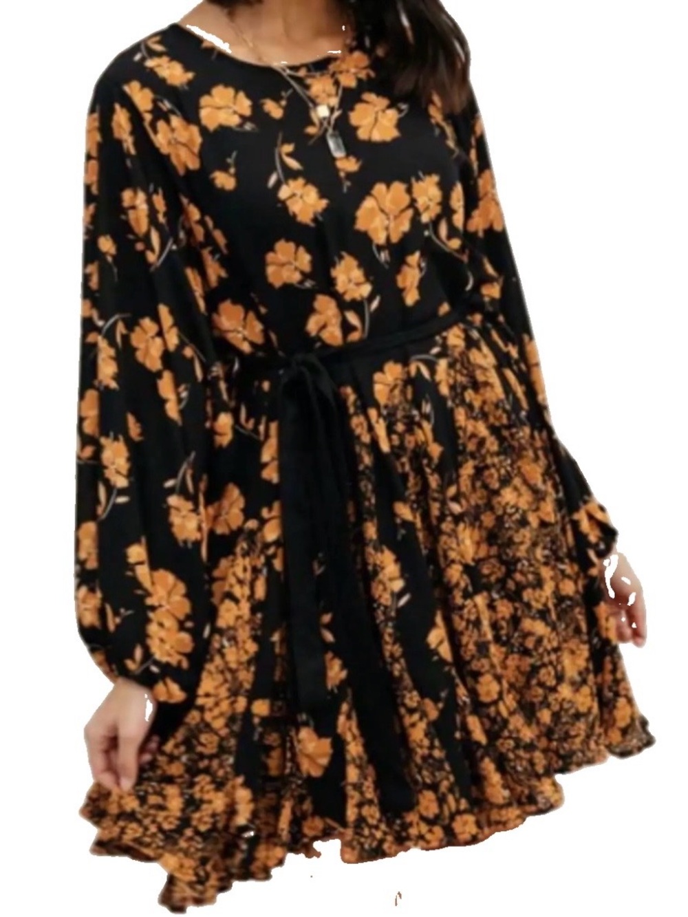 Mittoshop Dress Sz XL Black Floral Long-Sleeve Tie-Waist Puff Sleeves Pleated